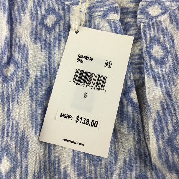 Splendid Womens St Tropez Blue White Ikat Print Linen Blouse Top Size S NWT - Picture 5 of 9